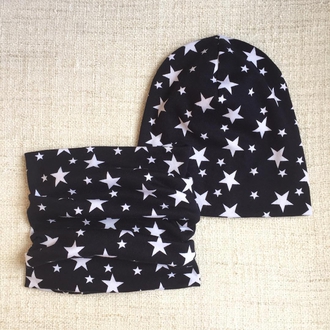 Оригинальный комплект - шапка с шарфом - Белые звезды на черном